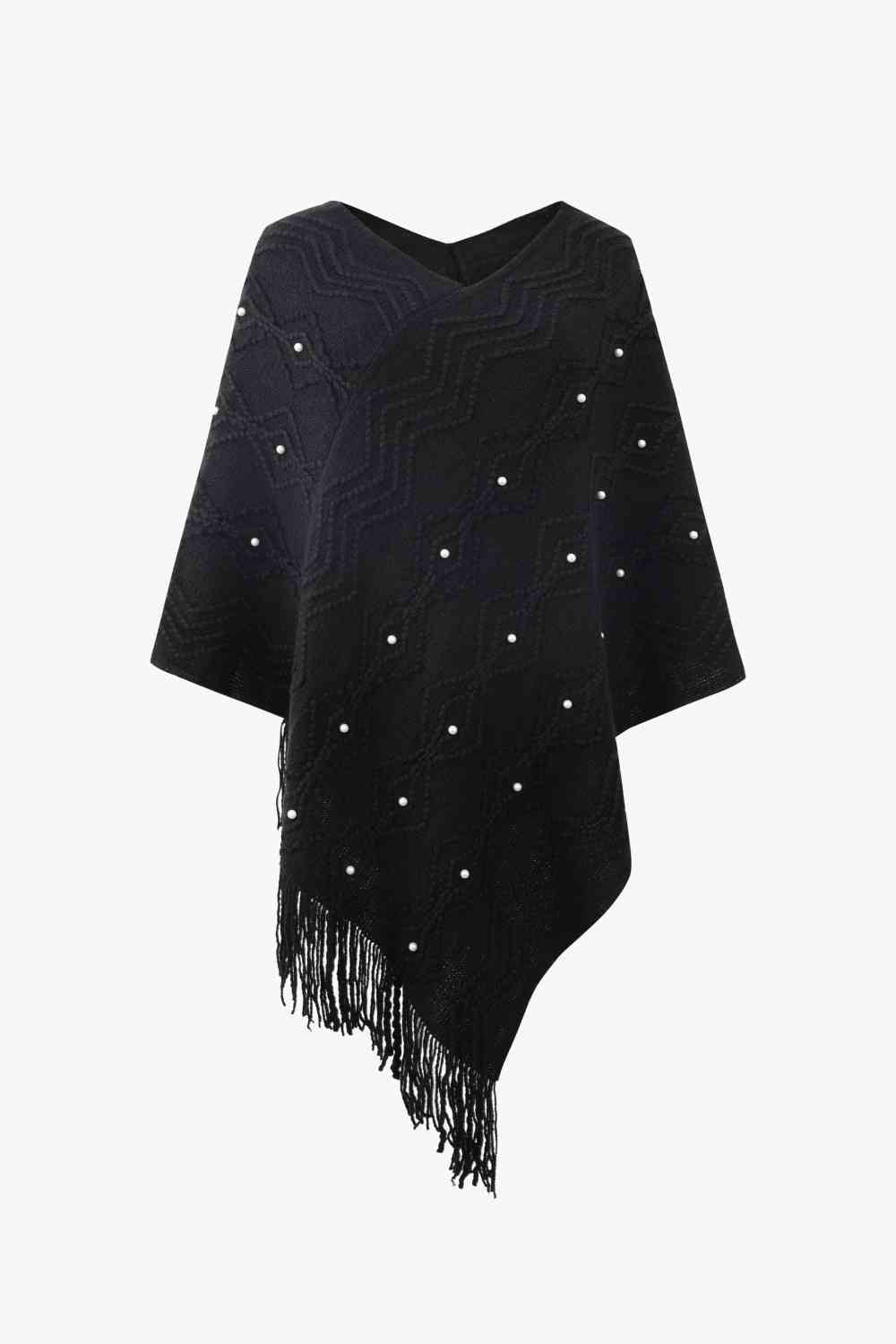 Pearl Trim V-Neck Fringe Hem Poncho Bazaarbey
