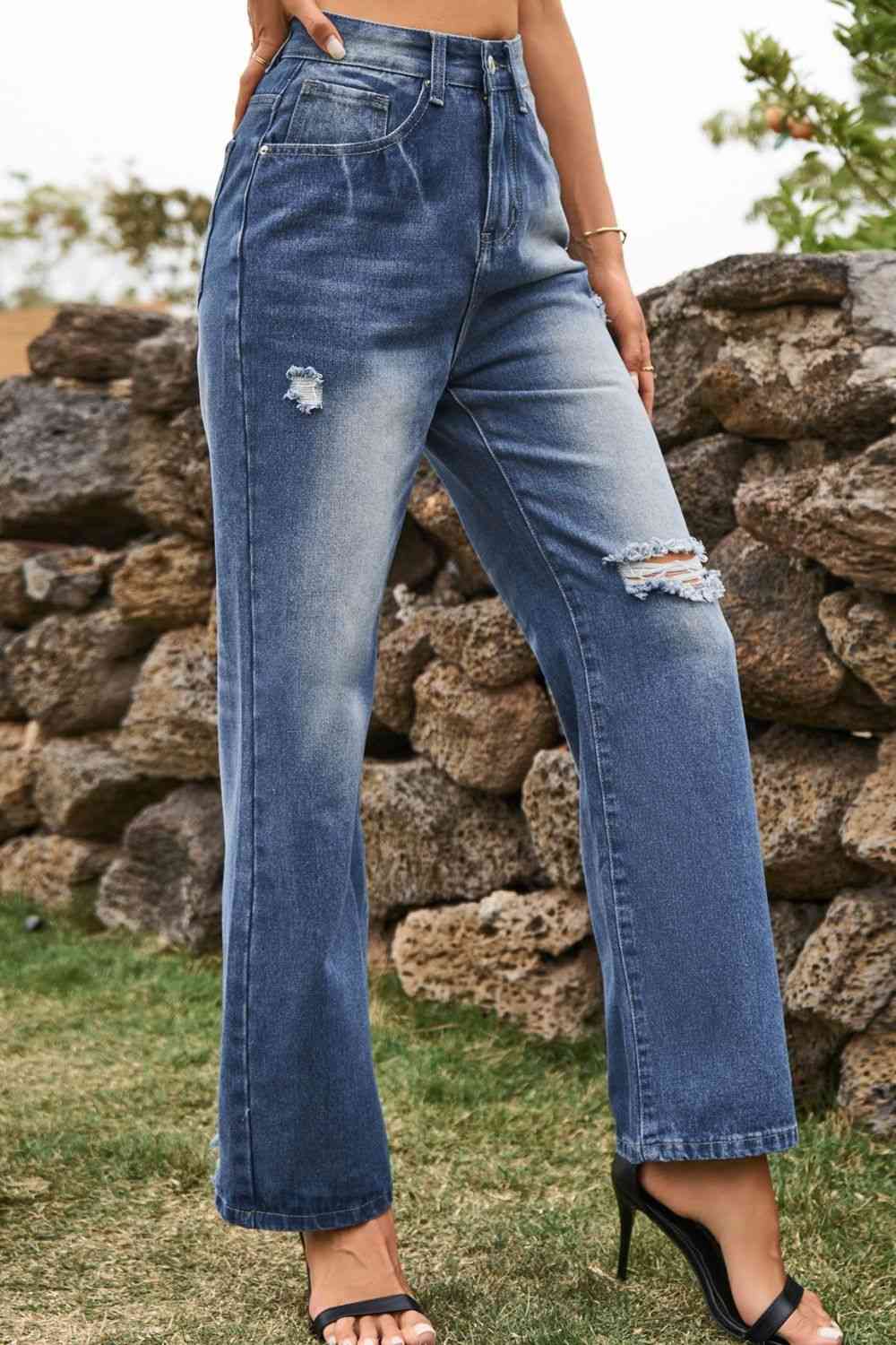 Distressed Buttoned Loose Fit Jeans Trendsi