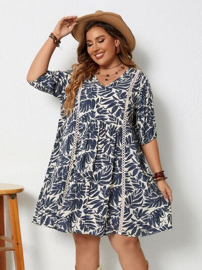 Plus Size Printed V-Neck Half Sleeve Mini Dress -BazaarBey - www.shopbazaarbey.com
