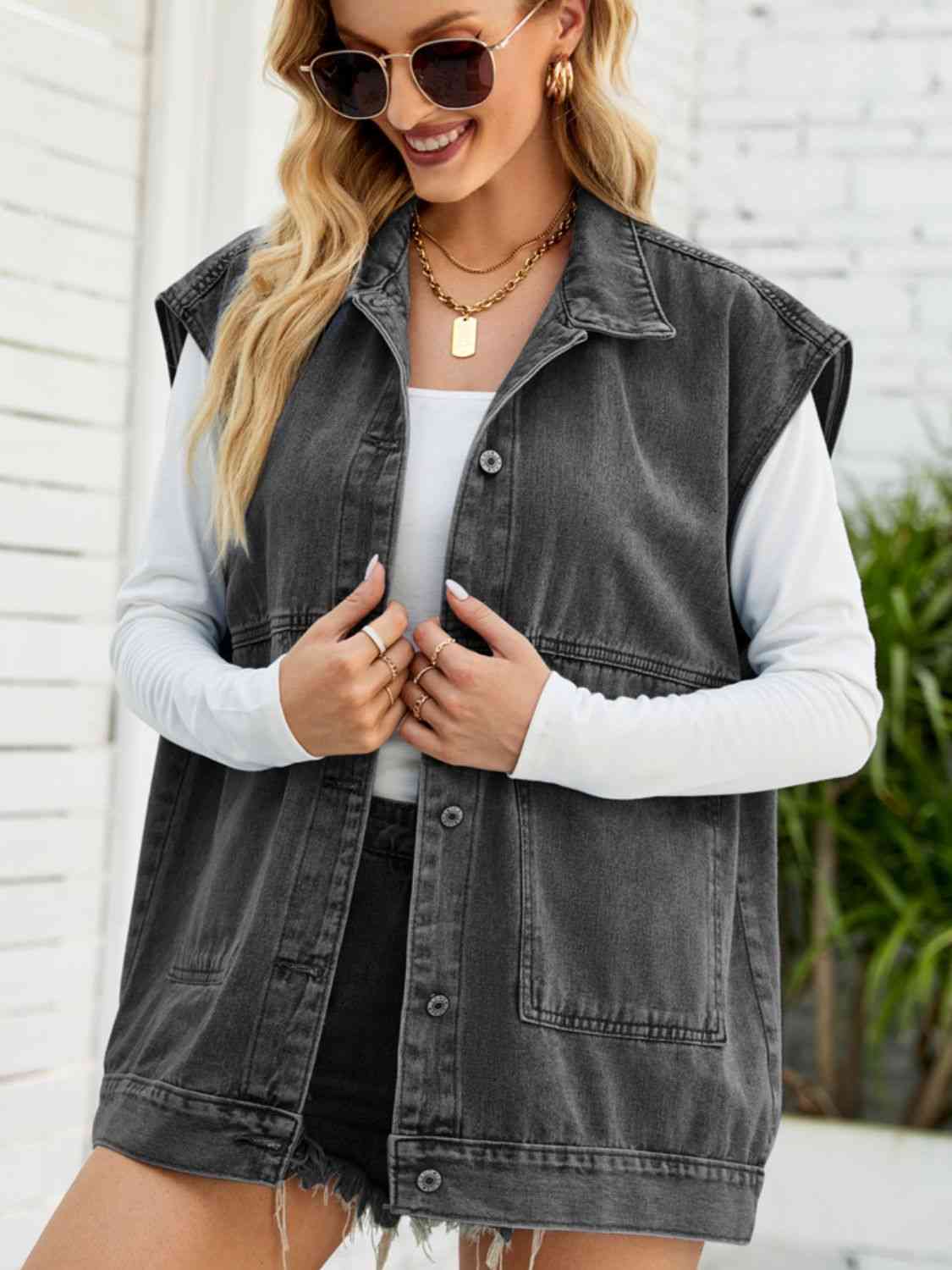 Collared Neck Sleeveless Denim Top with Pockets Bazaarbey