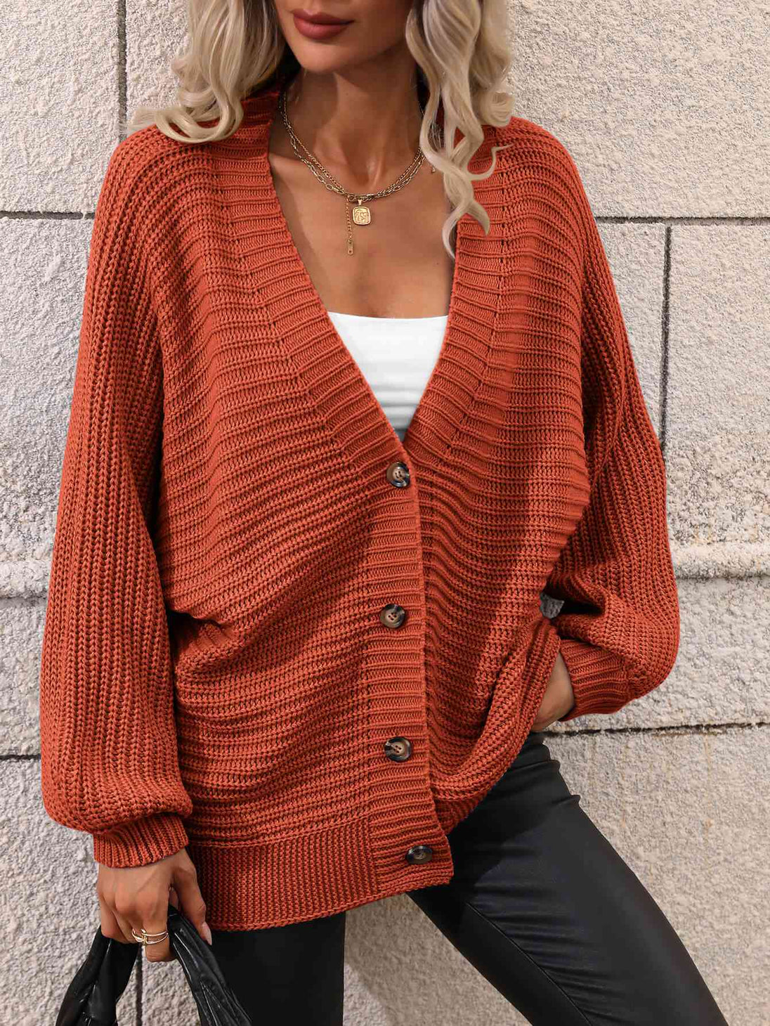  Button Down Horizontal-Ribbing  Cardigan Trendsi