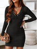 V-Neck Long Sleeve Ribbed Dress -BazaarBey - www.shopbazaarbey.com