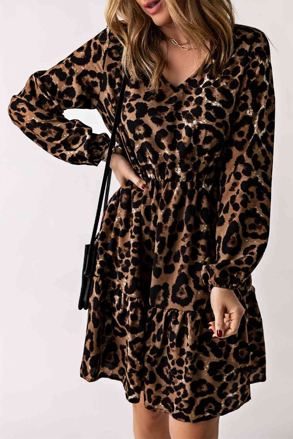 Leopard V-Neck Balloon Sleeve Tiered Dress -BazaarBey - www.shopbazaarbey.com