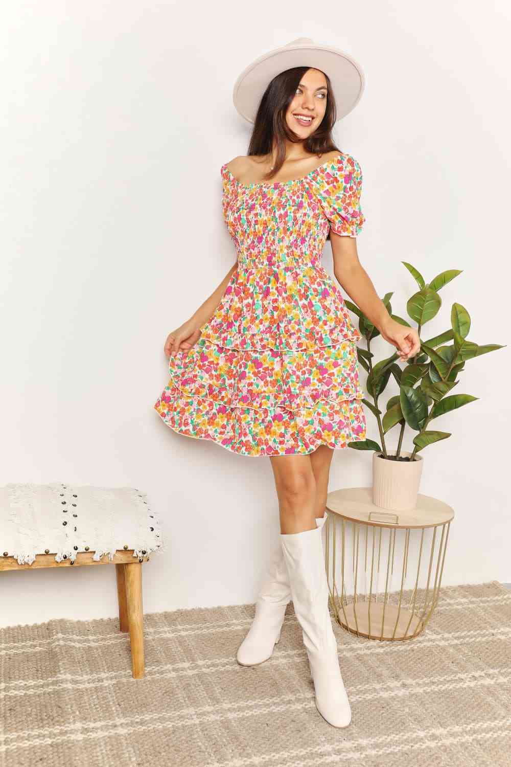  Smocked Sweetheart Neck Flounce Sleeve Mini Dress -BazaarBey - www.shopbazaarbey.com