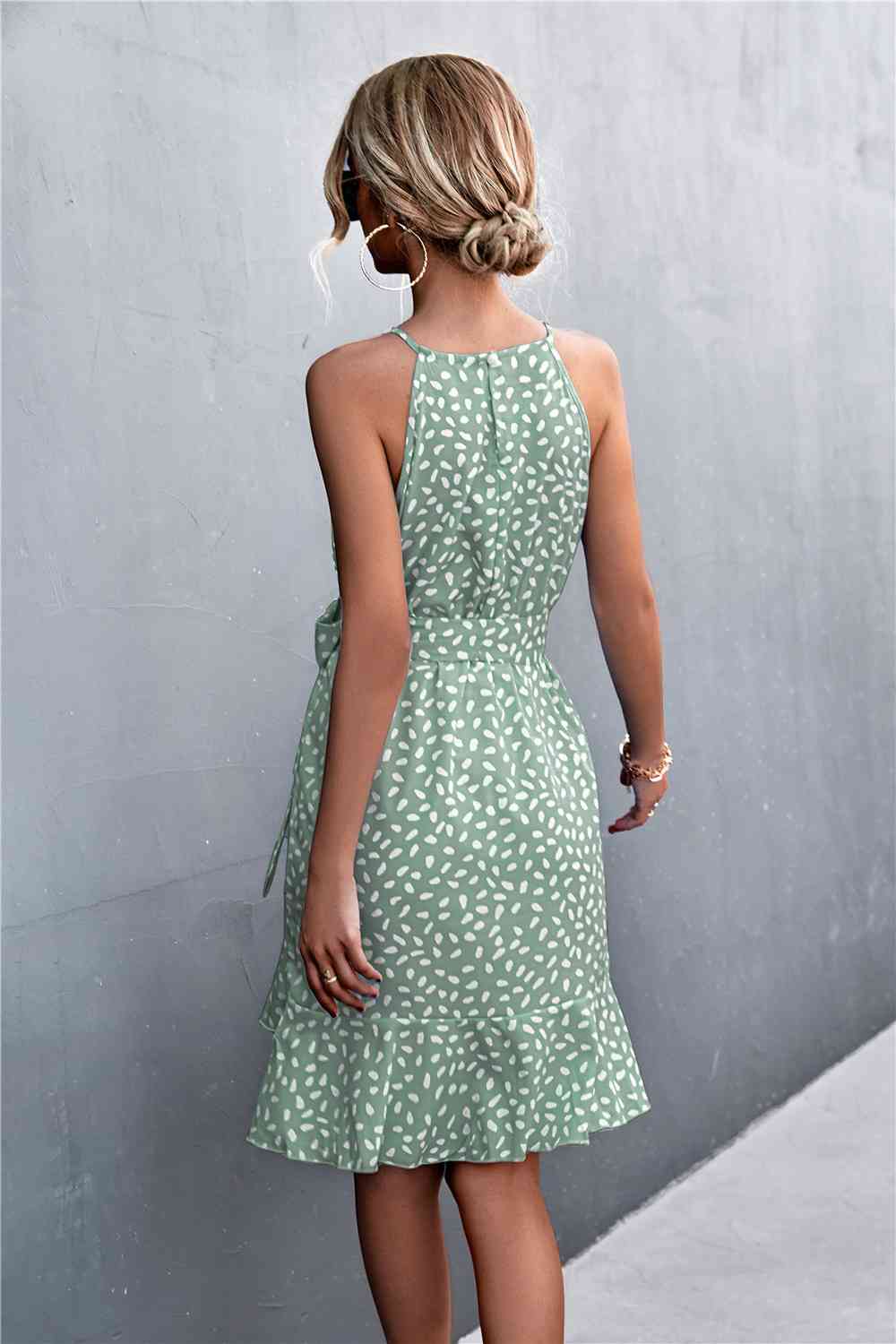 Printed Tie Waist Ruffle Hem Sleeveless Dress -BazaarBey - www.shopbazaarbey.com