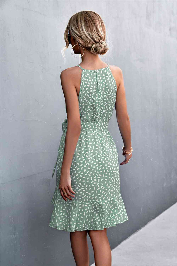 Printed Tie Waist Ruffle Hem Sleeveless Dress -BazaarBey - www.shopbazaarbey.com