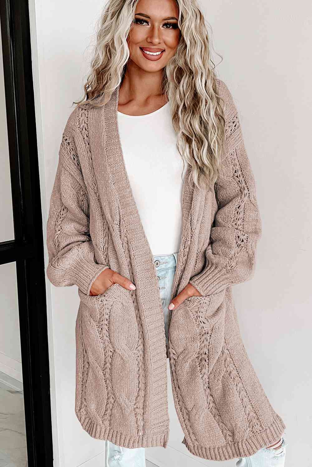 BazaarBey Cable-Knit Dropped Shoulder Cardigan Bazaarbey