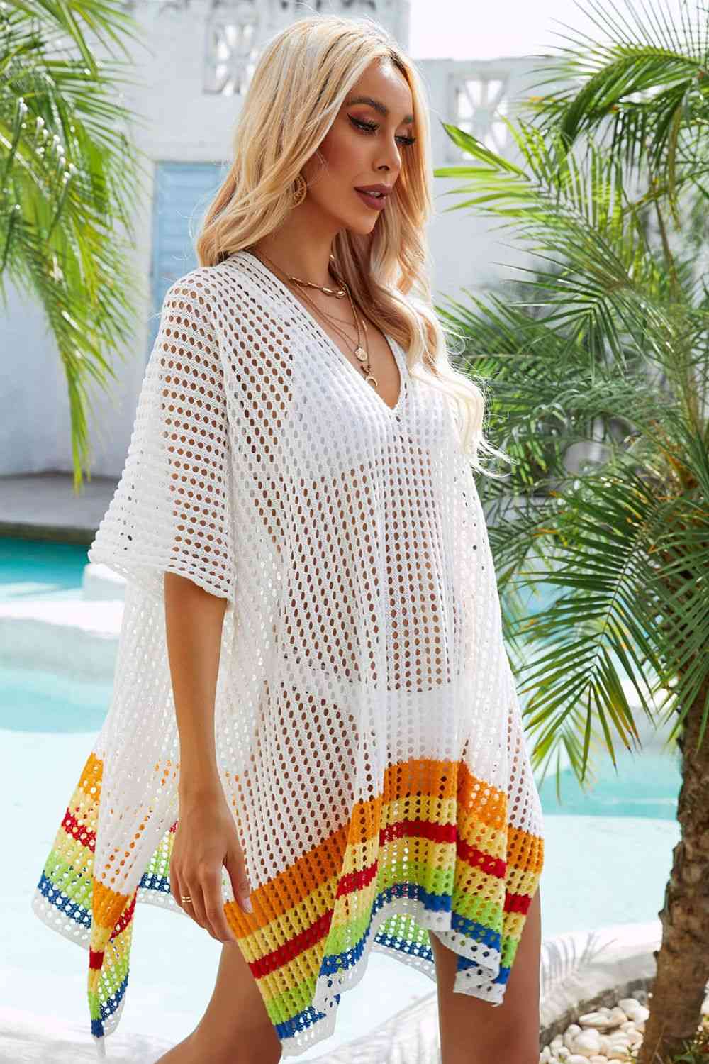 Rainbow Stripe Openwork Slit Cover-Up Bazaarbey