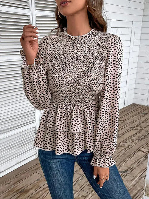 BazaarBey Printed Round Neck Smocked Flounce Sleeve T-Shirt Bazaarbey