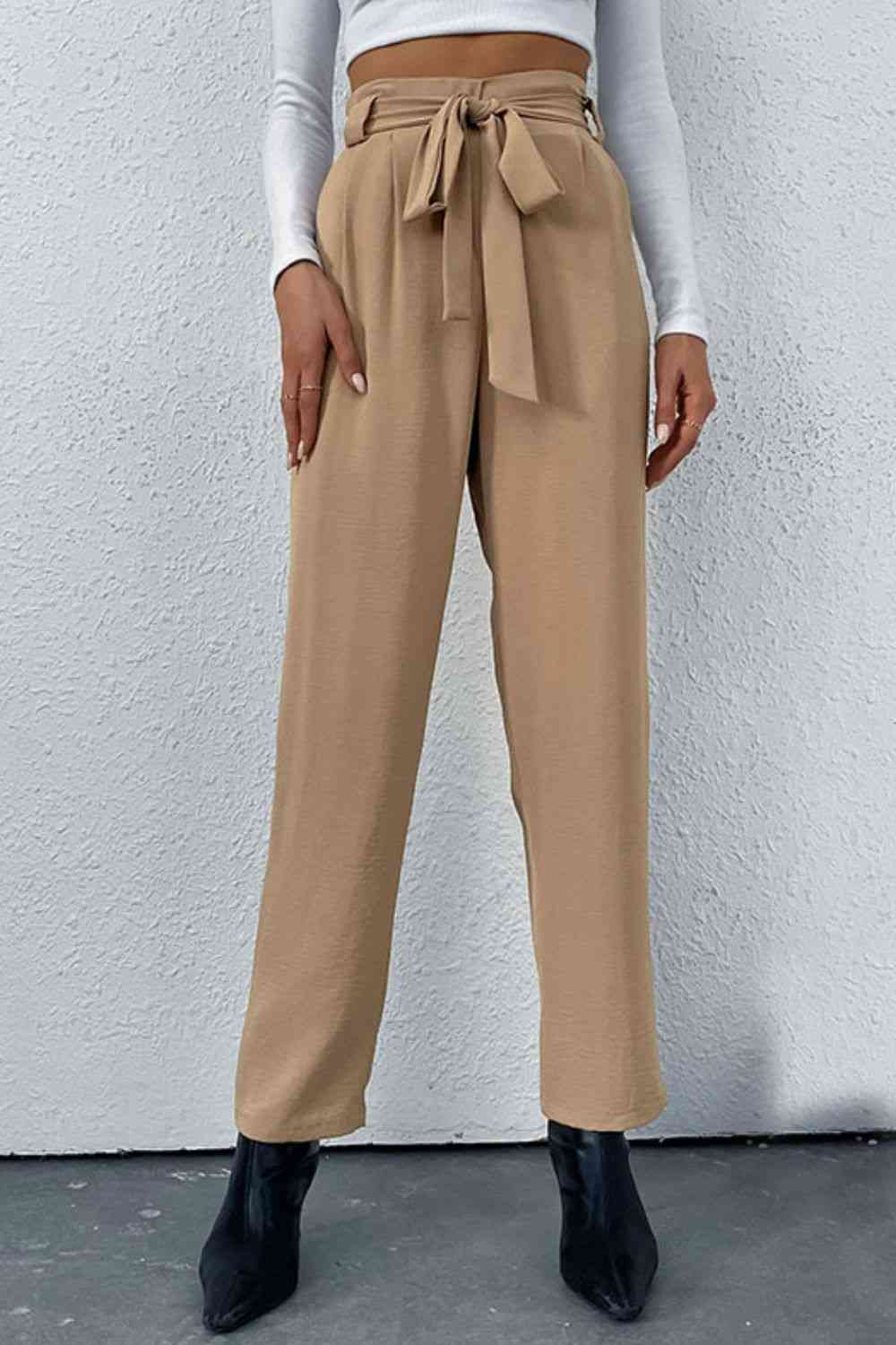 Belted Straight Leg Pants with Pockets Bazaarbey