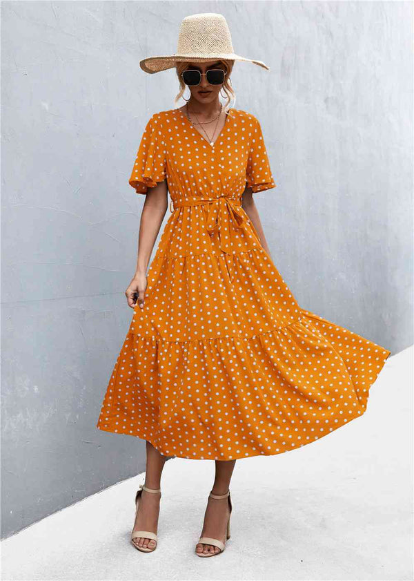 Printed V-Neck Flutter Sleeve Belted Dress -BazaarBey - www.shopbazaarbey.com