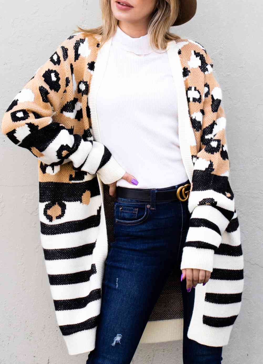 Striped Open Front Longline Cardigan Trendsi