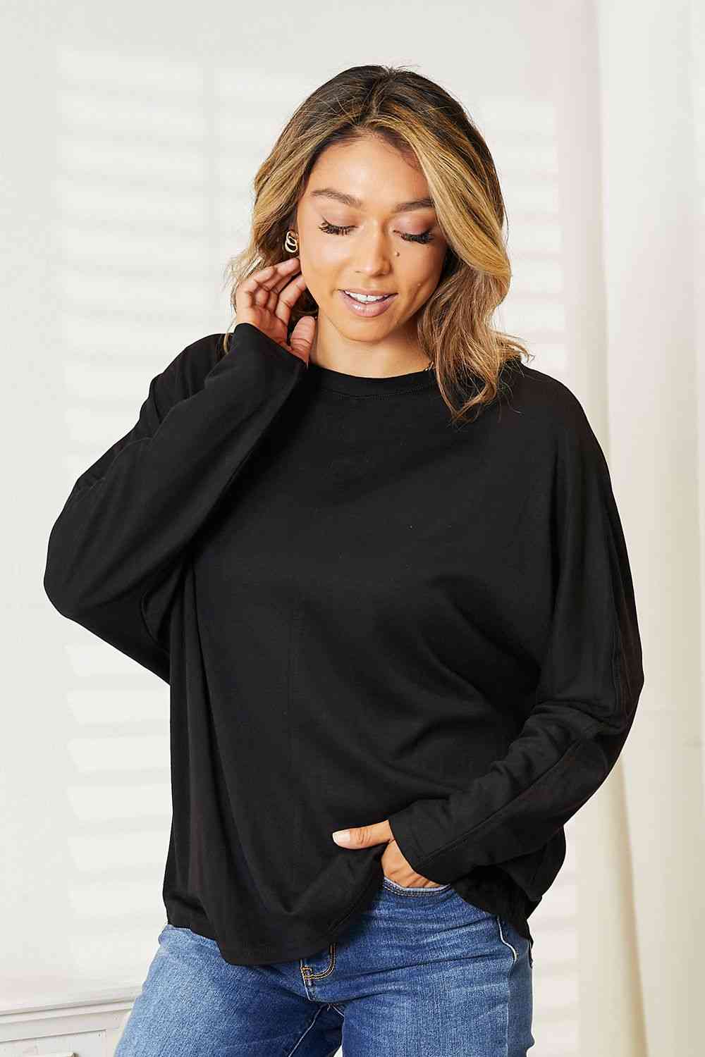 Seam Detail Round Neck Long Sleeve Top Trendsi