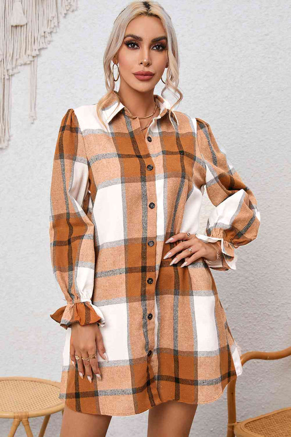 Plaid Collared Neck Flounce Sleeve Shirt Dress -BazaarBey - www.shopbazaarbey.com