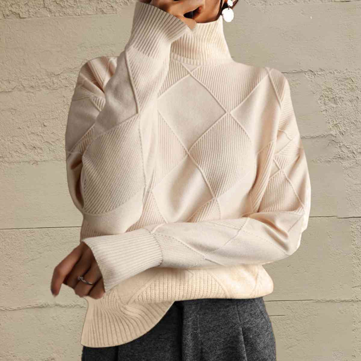 Geometric Turtleneck Long Sleeve Sweater Bazaarbey