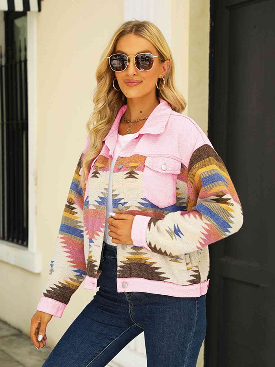 Printed Dropped Shoulder Long Sleeve Denim Jacket Bazaarbey