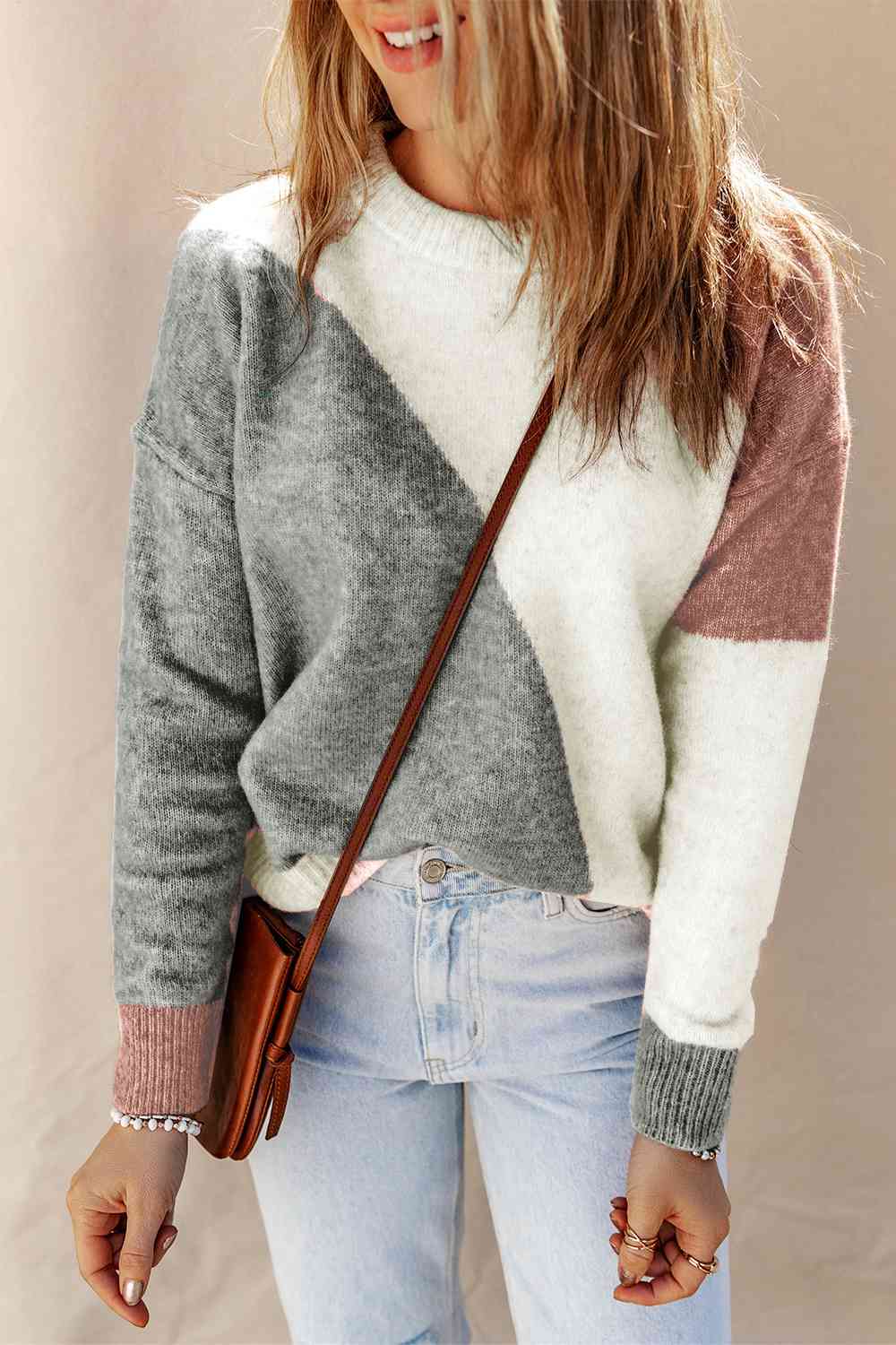 Color Block Round Neck Dropped Shoulder Pullover Sweater Bazaarbey