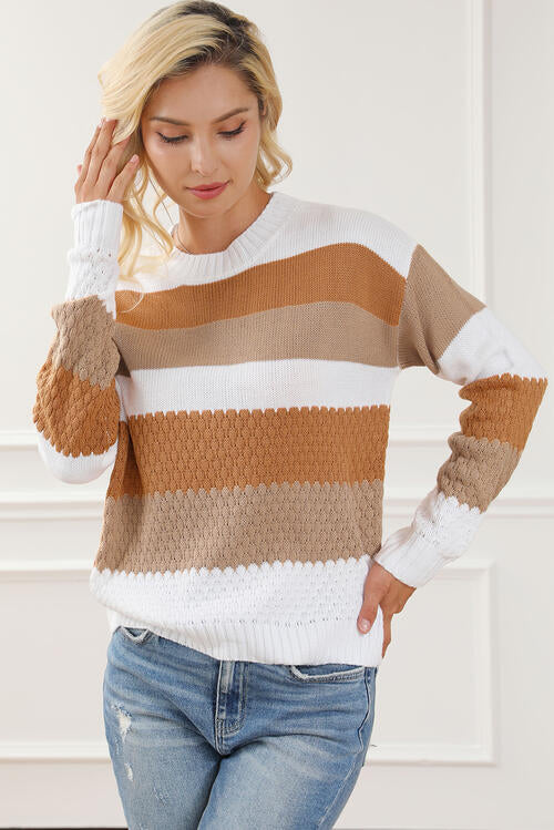 Striped Round Neck Long Sleeve Knit Top Bazaarbey