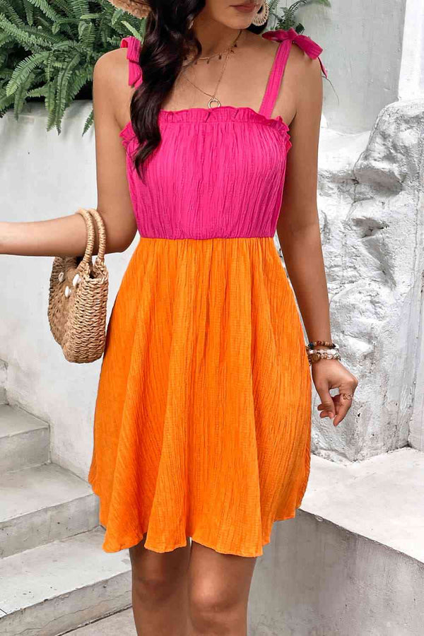 Two-Tone Tie-Shoulder Frill Trim Dress -BazaarBey - www.shopbazaarbey.com