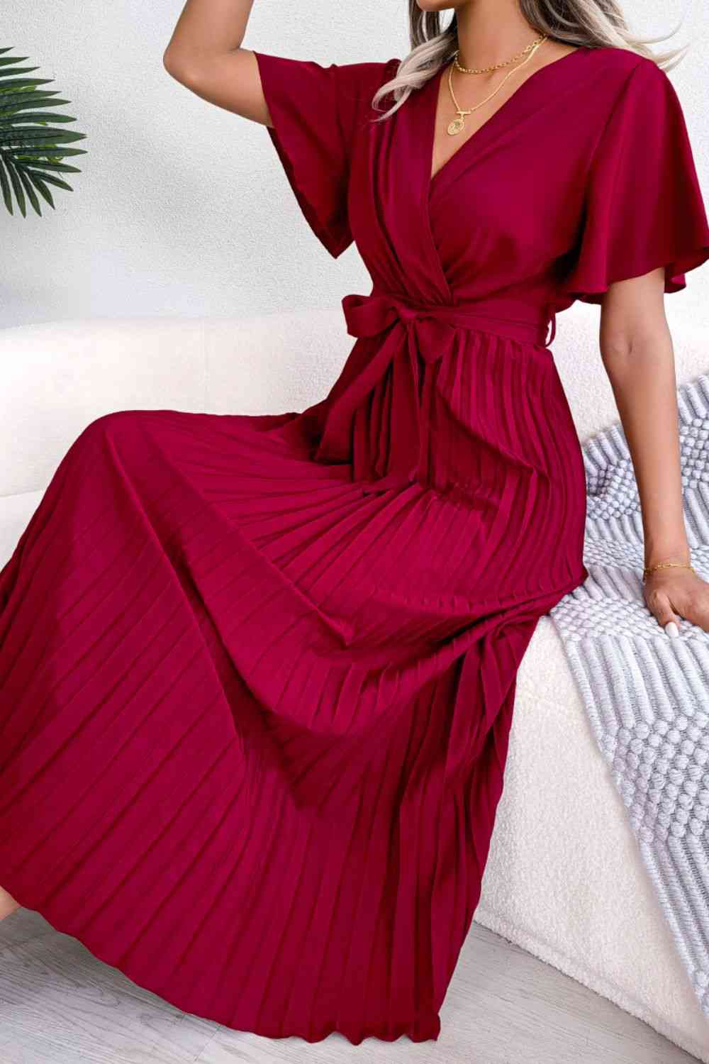 Pleated Flutter Sleeve Belted Dress -BazaarBey - www.shopbazaarbey.com