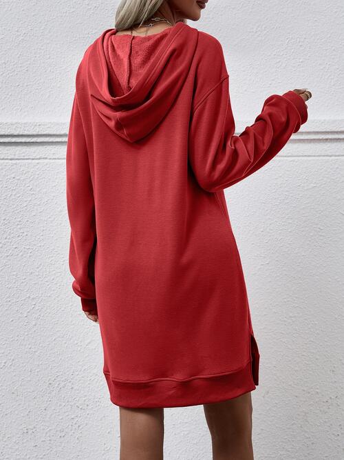 Slit Long Sleeve Hooded Dress with Pocket -BazaarBey - www.shopbazaarbey.com