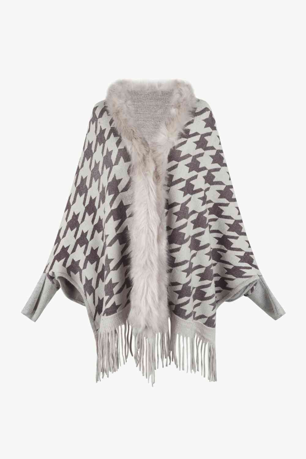 Houndstooth Fringe Hem Poncho Bazaarbey