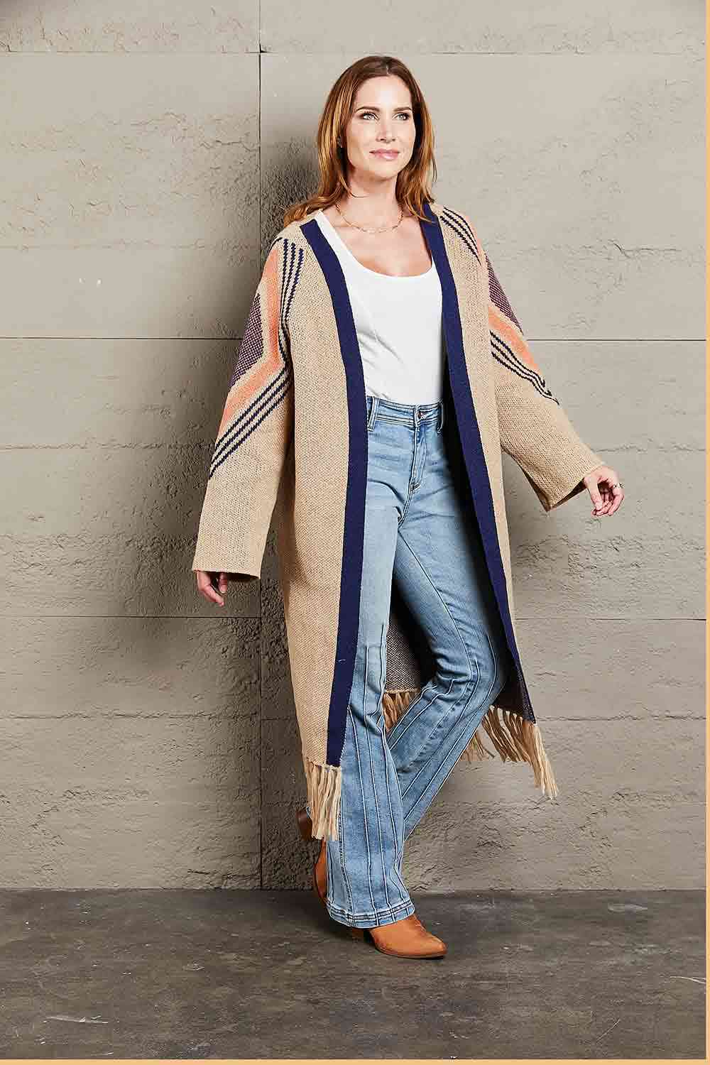  Geometric  Hem Open Front Duster Cardigan Bazaarbey