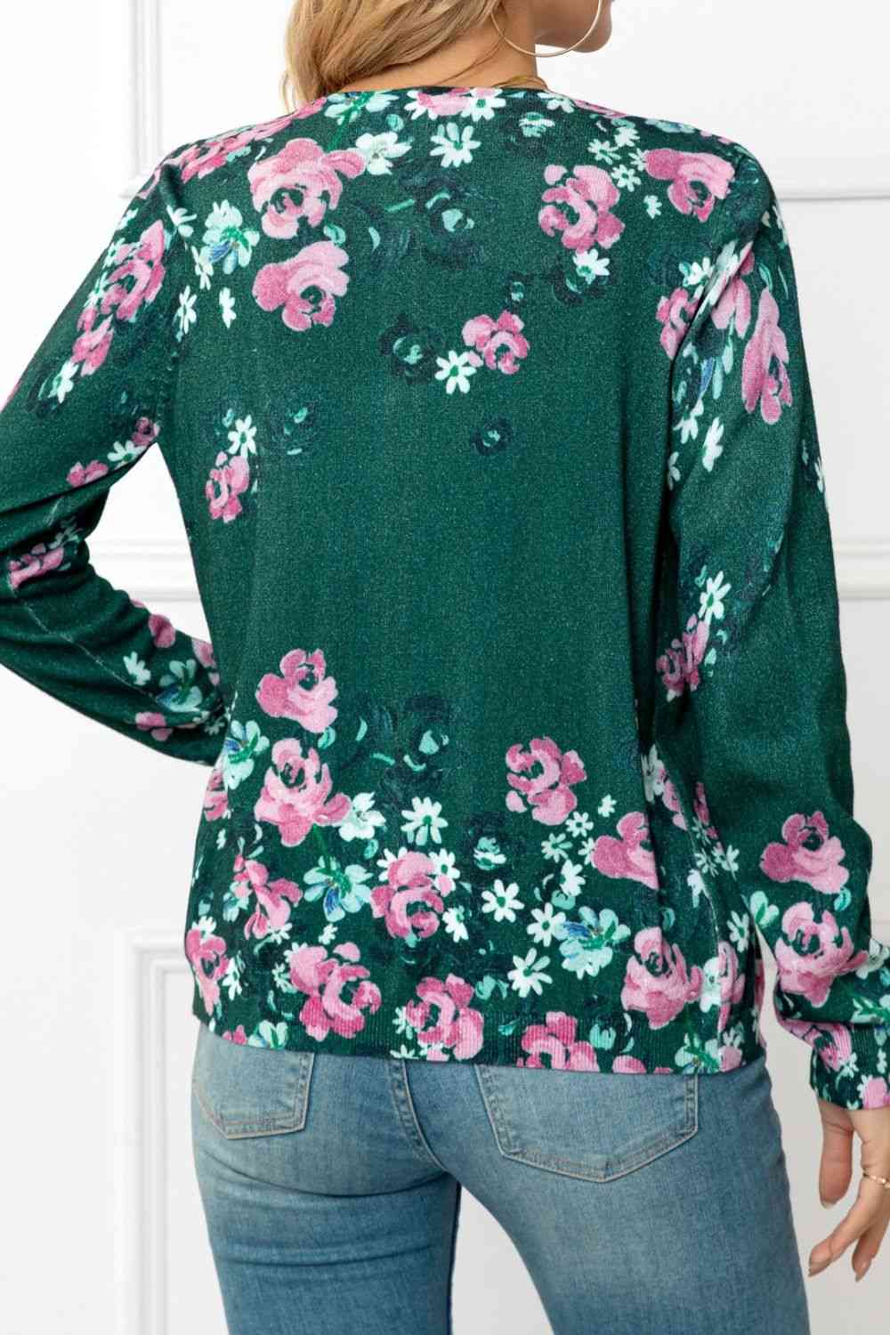  Floral Button Front Round Neck Cardigan Trendsi