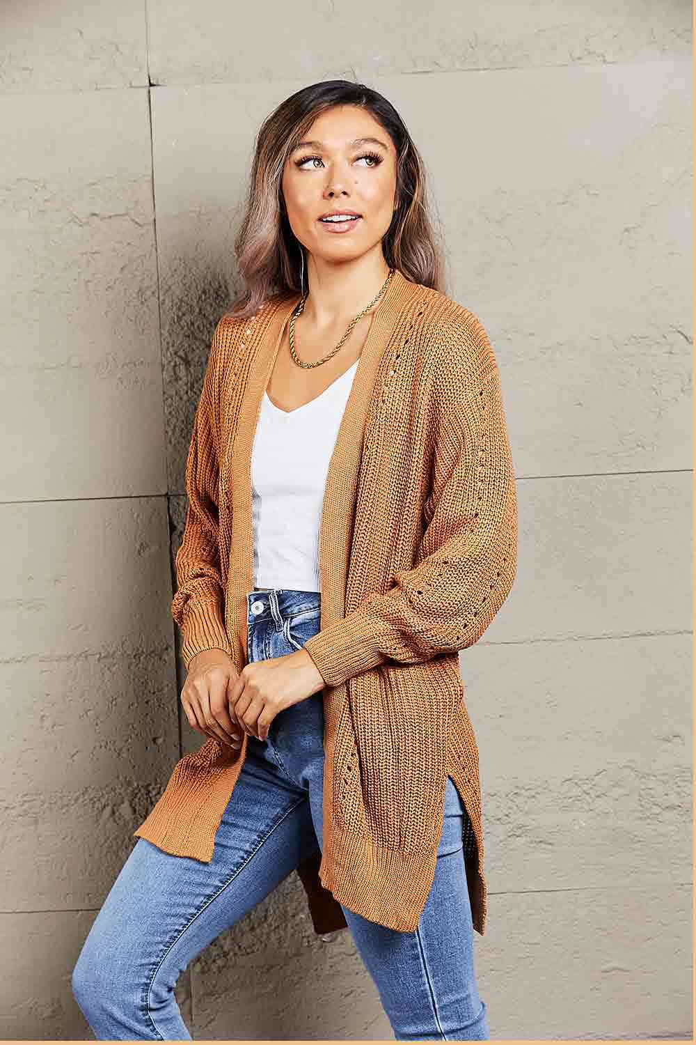  Openwork Rib-Knit Slit Cardigan Trendsi