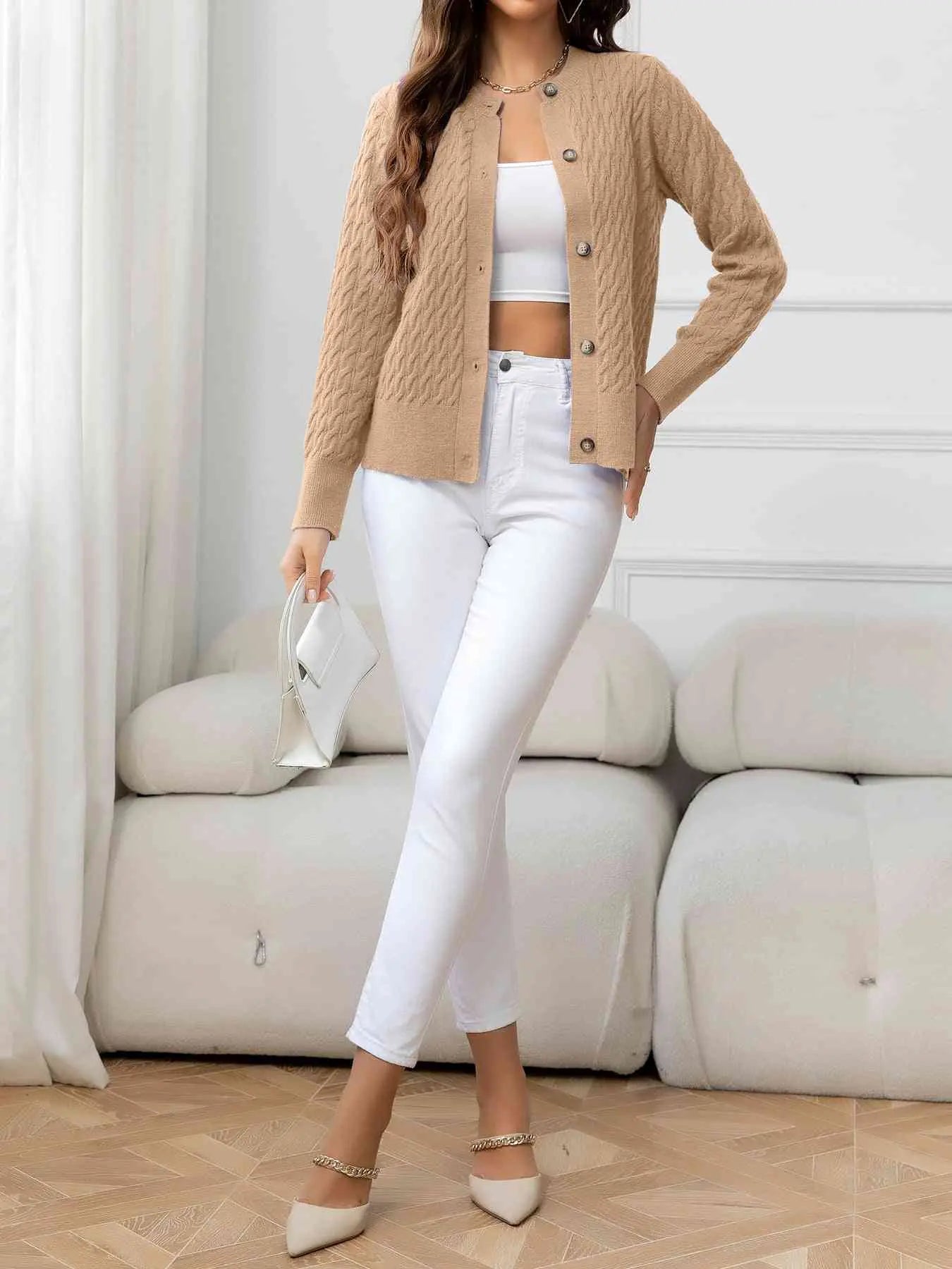 Round Neck Cable-Knit Buttoned Knit Top Trendsi