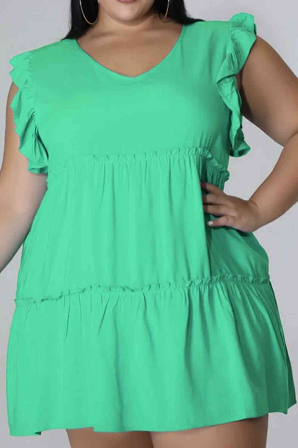Plus Size V-Neck Frill Trim Mini Dress -BazaarBey - www.shopbazaarbey.com