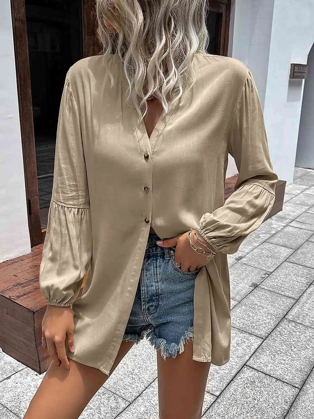  Notched Neck Balloon Sleeve Shirt Bazaarbey