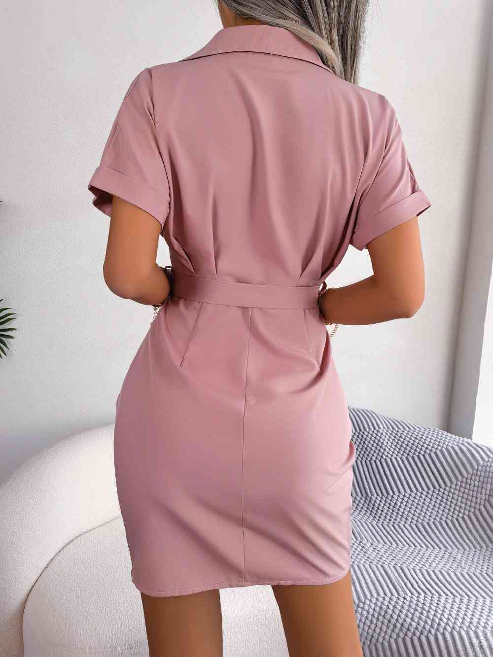 Button Down Ruched Tie Belt Dress -BazaarBey - www.shopbazaarbey.com