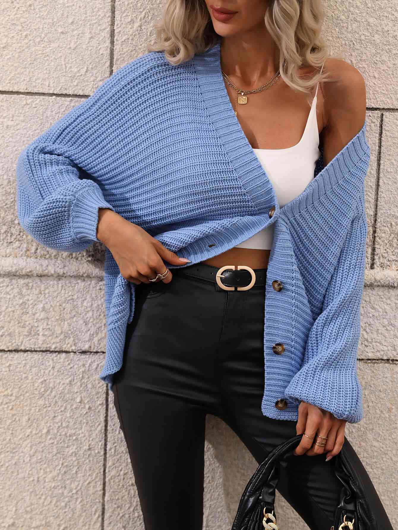  Button Down Horizontal-Ribbing  Cardigan Trendsi
