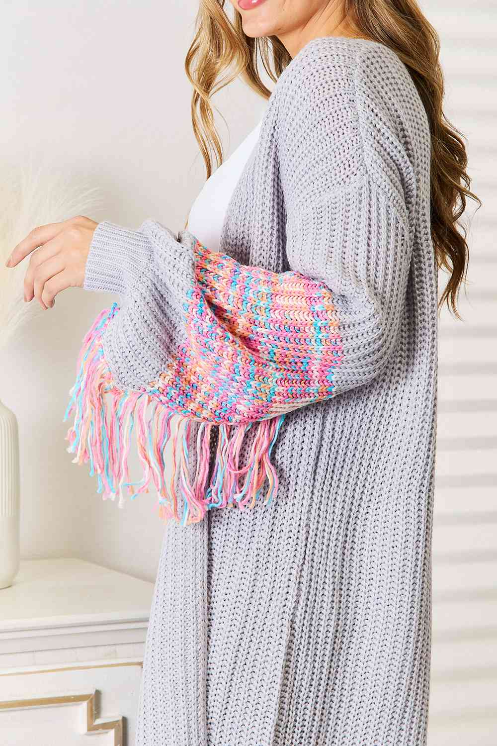 Woven Right  Sleeve Dropped Shoulder Cardigan Bazaarbey