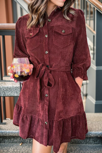 Tied Button Up Ruffle Hem Dress -BazaarBey - www.shopbazaarbey.com
