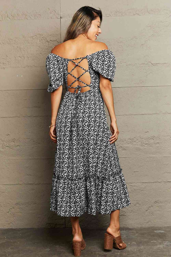 Floral Lace-Up Off-Shoulder Midi Dress -BazaarBey - www.shopbazaarbey.com
