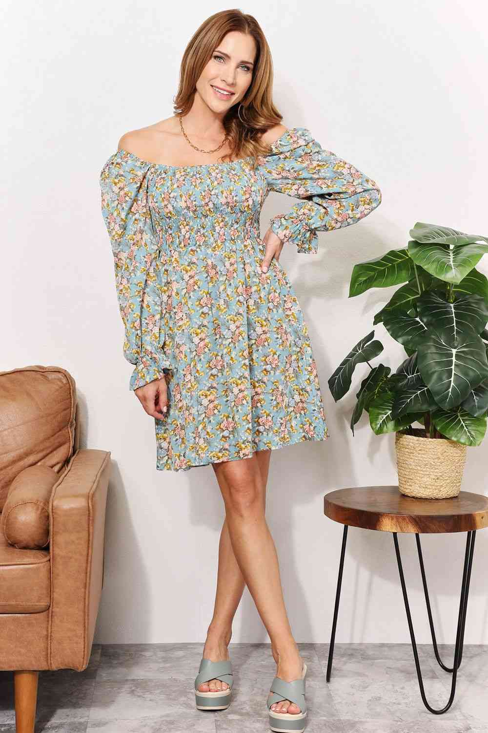  Floral Smocked Flounce Sleeve Square Neck Dress -BazaarBey - www.shopbazaarbey.com