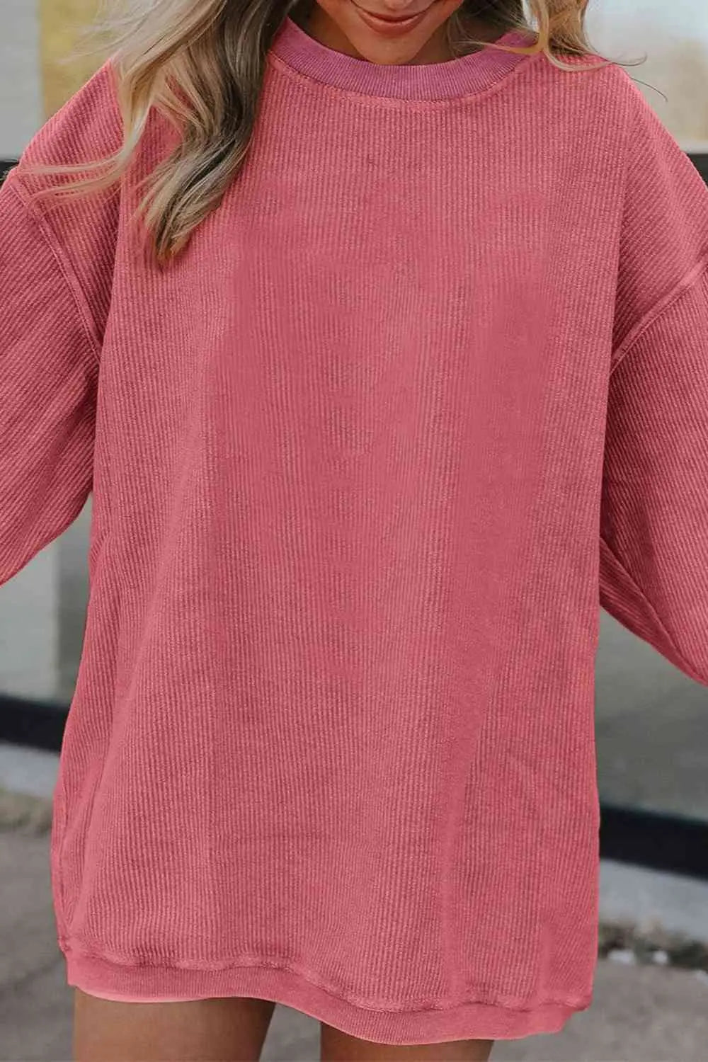 Ribbed Round Neck Drop Shoulder Sweatshirt Bazaarbey