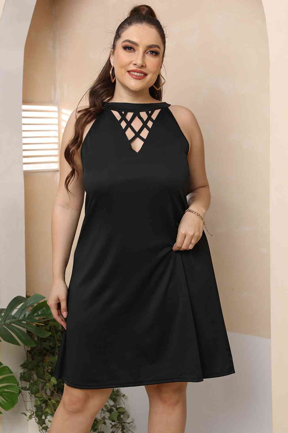 Plus Size Cutout Round Neck Sleeveless Dress -BazaarBey - www.shopbazaarbey.com