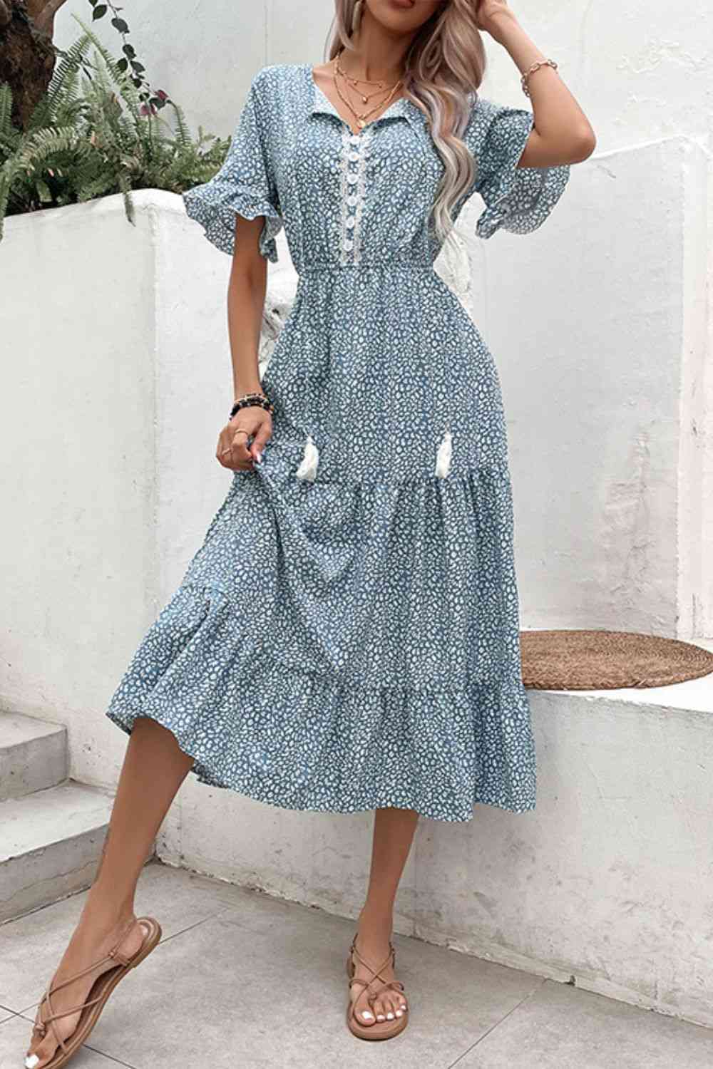 Printed Tassel Tie Flounce Sleeve Dress -BazaarBey - www.shopbazaarbey.com