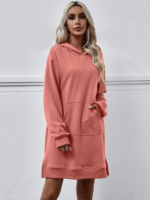 Slit Long Sleeve Hooded Dress with Pocket -BazaarBey - www.shopbazaarbey.com