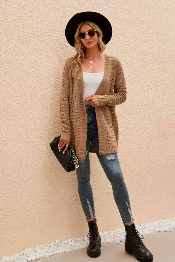 Openwork Horizontal Ribbing Open Front Cardigan Trendsi