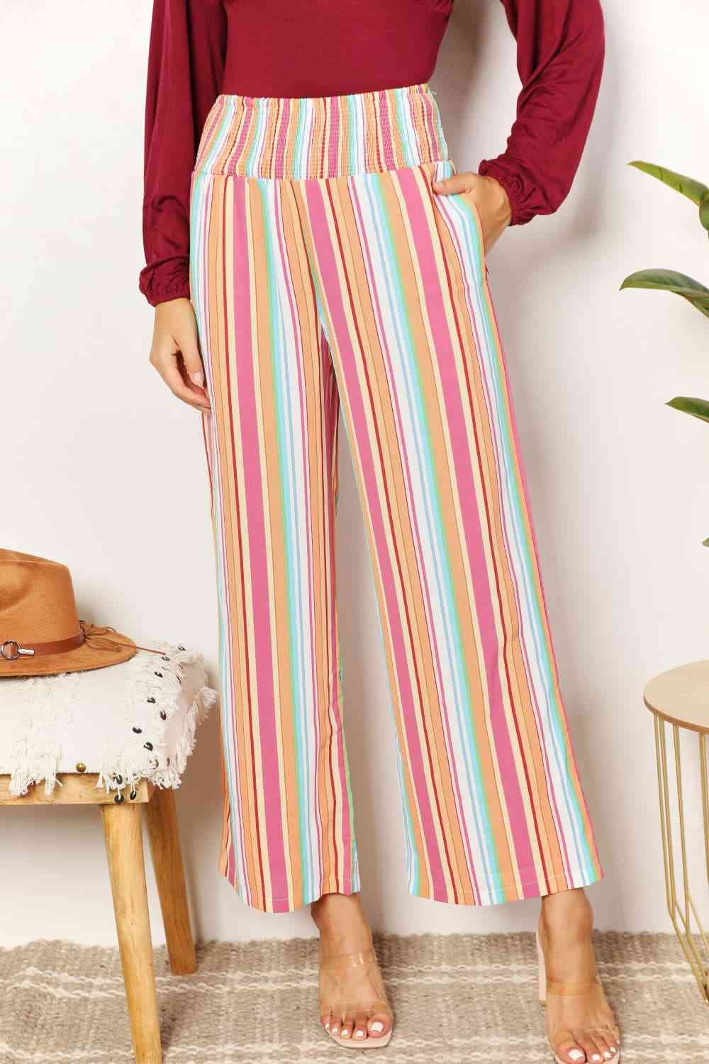  Striped Smocked Waist Pants with Pockets Bazaarbey