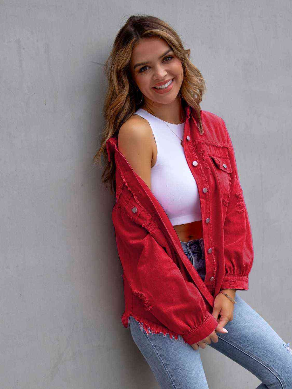 Distressed Drop Shoulder Denim Jacket Bazaarbey