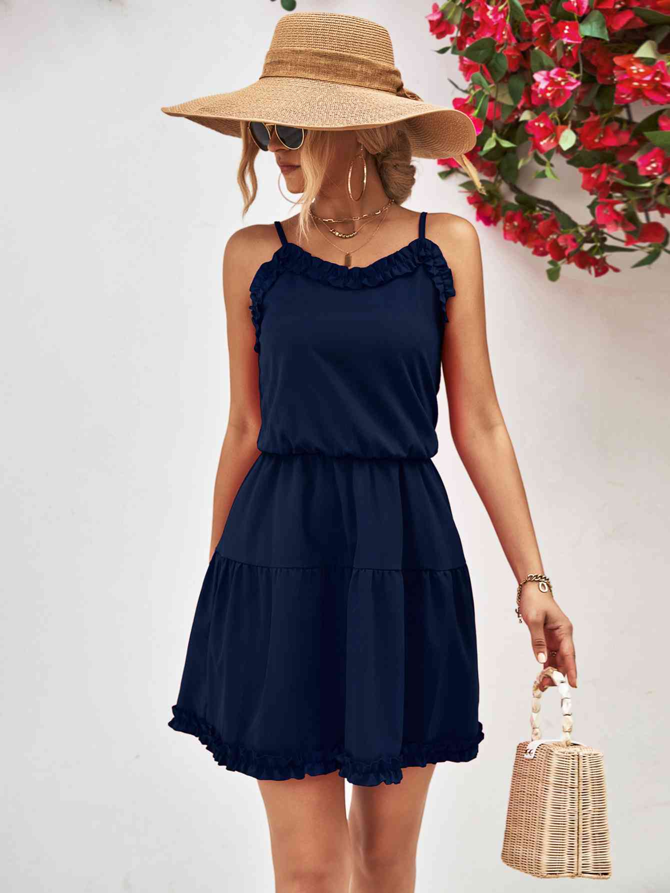 Frill Trim Spaghetti Strap Mini Dress -BazaarBey - www.shopbazaarbey.com