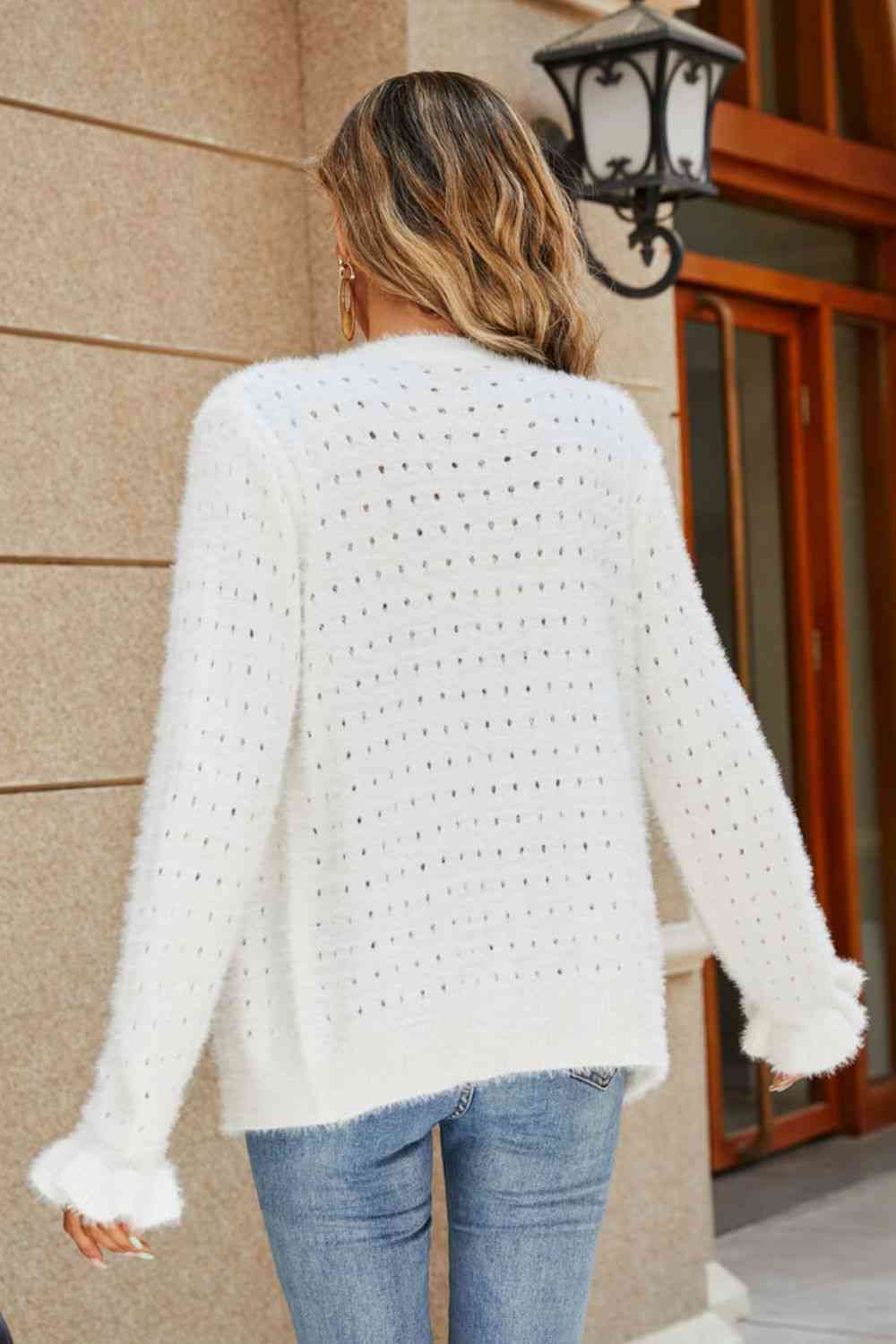 Openwork Flounce Sleeve Button-Up Fuzzy Cardigan Bazaarbey