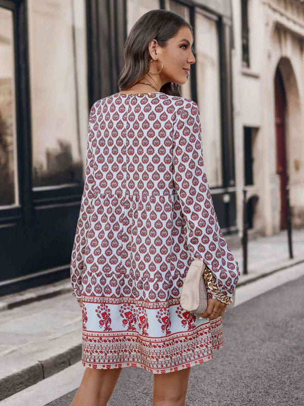 Printed Tie Neck Long Sleeve Dress -BazaarBey - www.shopbazaarbey.com