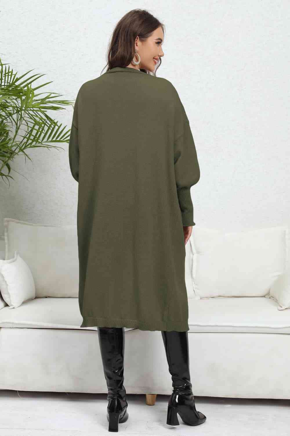 Lantern Sleeve Open Front Pocketed Cardigan Trendsi