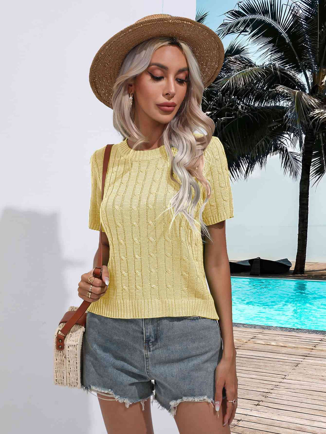 Cable-Knit Round Neck Short Sleeve Knit Top Trendsi